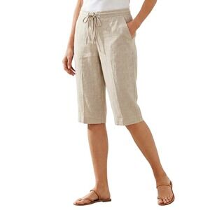 Talbots Women Size 14P Beige Irish Linen Drawstring Coastal Casual Cropped Pants